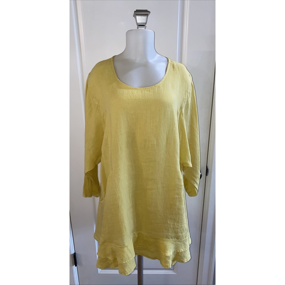La Fixsun 100%‎ Linen Tunic Top Size XL Yellow Pocket Pullover A-line Lagenlook